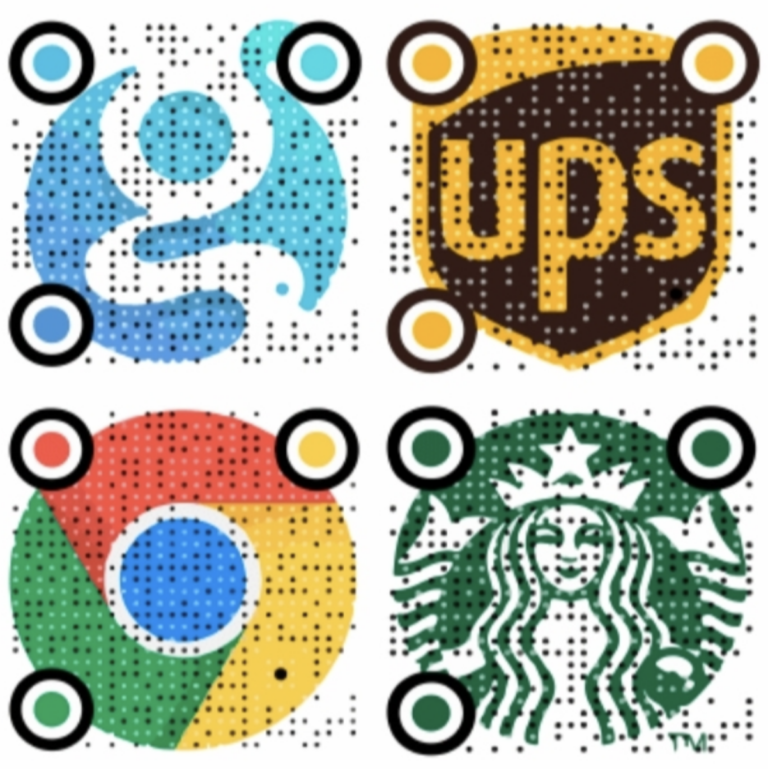 The logos of Google, UPS, and Starbucks featuring QR codes.