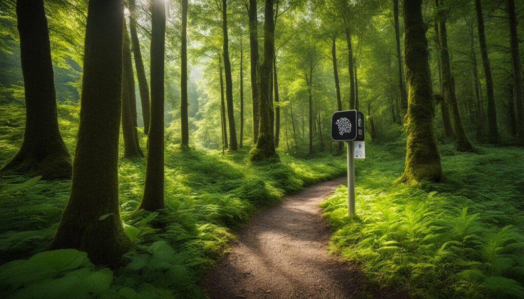 A forest path featuring a sign promoting environmental sustainability with QR codes.
