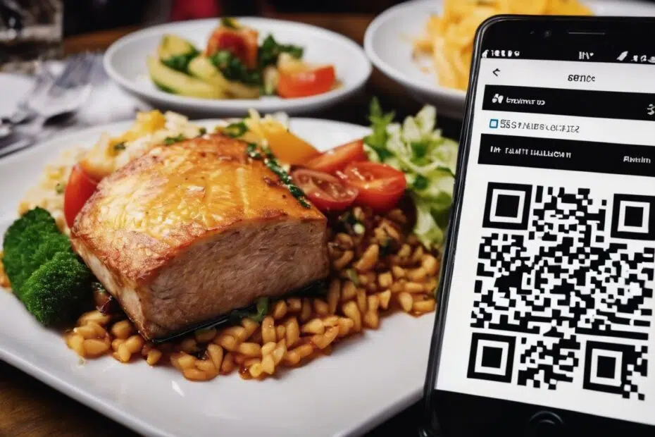 A smartphone is showcasing a QR code on a plate of delectable food, inviting guests to provide their feedback and share restaurant reviews.