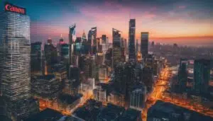 An aerial view of a city at dusk, enhanced with Virtual Reality Experiences.