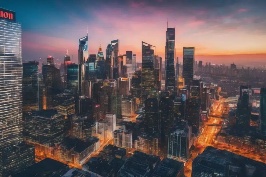 An aerial view of a city at dusk, enhanced with Virtual Reality Experiences.