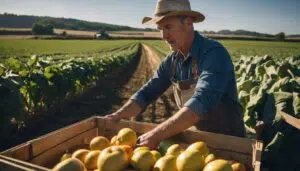 An agriculture farmer picking mangoes from a crate in a field.