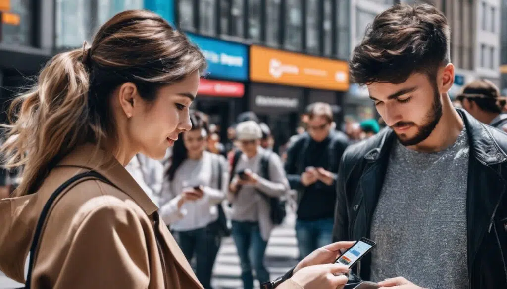 A man and woman looking at a cell phone on the street, engaging with government services through QR codes.