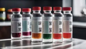 A group of bottles with different colored liquids in them, used for medication management in healthcare.